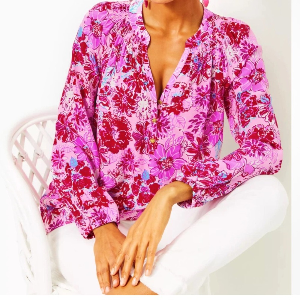 NWT Lilly Pulitzer Elsa Silk Top Lilac Thistle In The Wild Flowers SIZE LARGE
